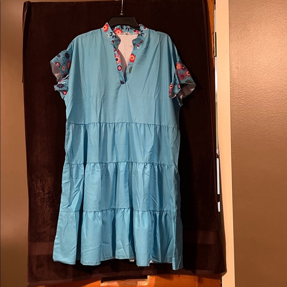 Blue Tiered Dress with Floral Accents